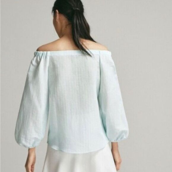 Massimo Dutti Mint & White Striped Viscose Linen Cotton Top, Size 8 - Picture 9 of 9